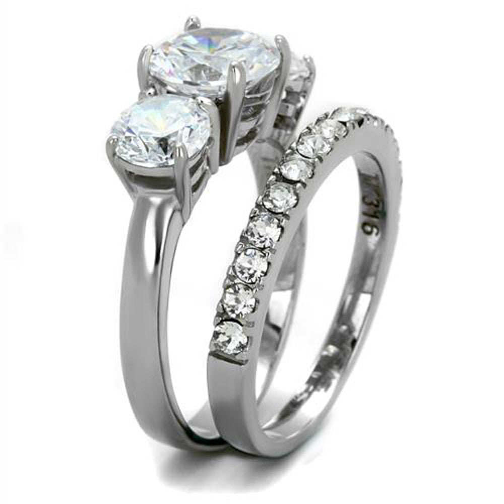 ARTK2177 Stainless Steel 4.17 Ct Round Cut 3 Stone Engagement & Wedding Ring Set Size 5-10